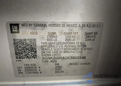 2019 Chevrolet Blazer из США, поврежденный, VIN 3GNKBBRA1KS608946